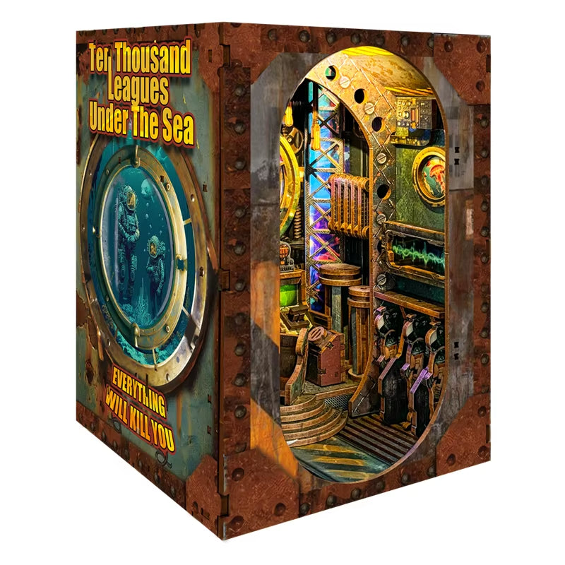 DIY Wooden Book Nook Shelf Insert Miniature Model Kits Ten Thousand Leagues under the Sea Bookshelf with Light for Friends Gifts