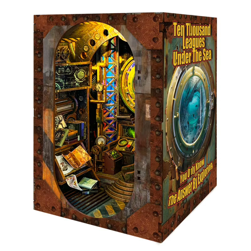 DIY Wooden Book Nook Shelf Insert Miniature Model Kits Ten Thousand Leagues under the Sea Bookshelf with Light for Friends Gifts