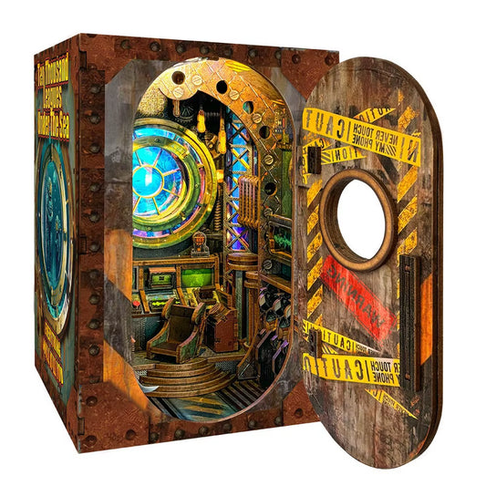 DIY Wooden Book Nook Shelf Insert Miniature Model Kits Ten Thousand Leagues under the Sea Bookshelf with Light for Friends Gifts